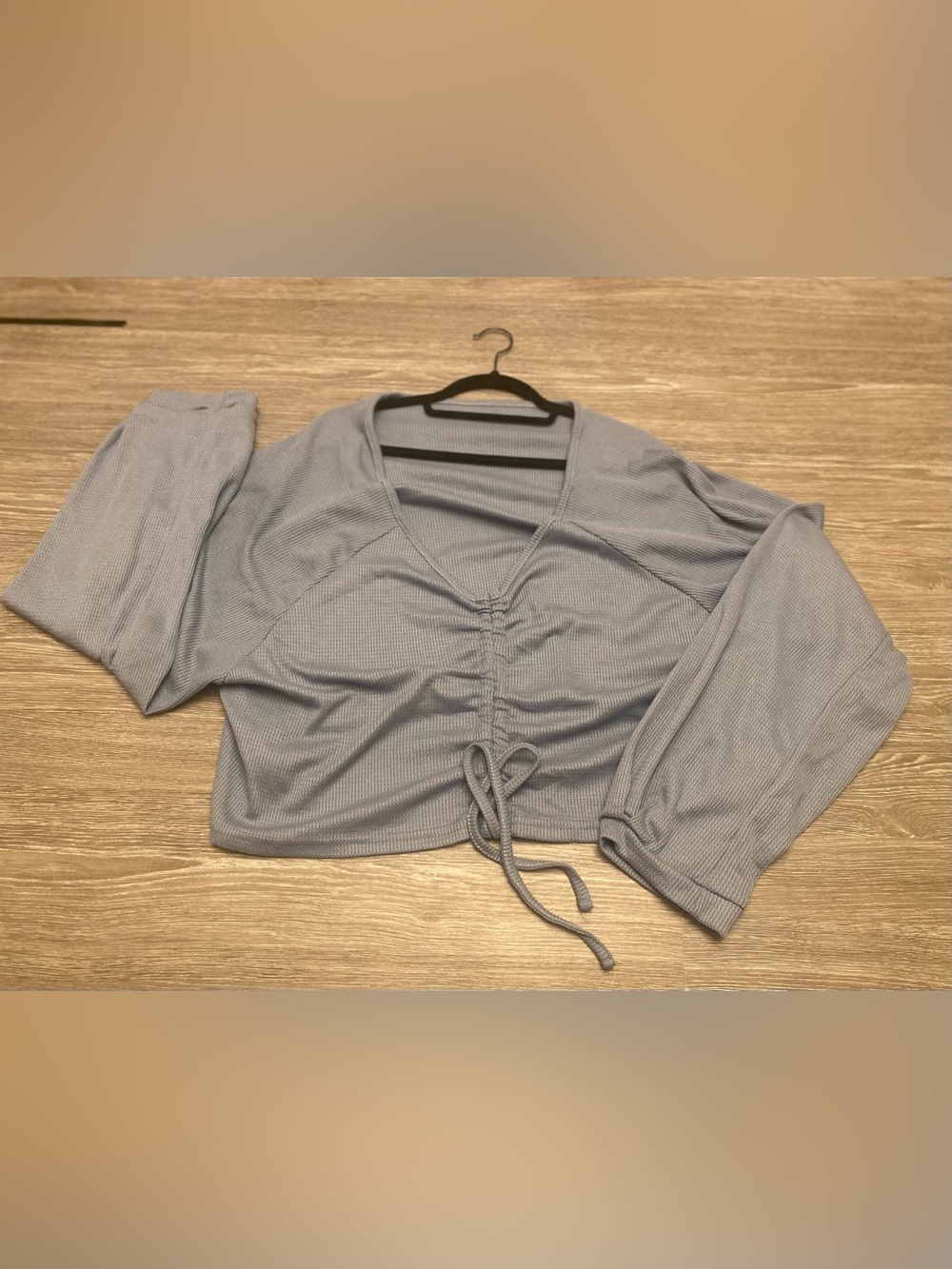 Plus size Light Blue Ruched v-neck Long Sleeve Top